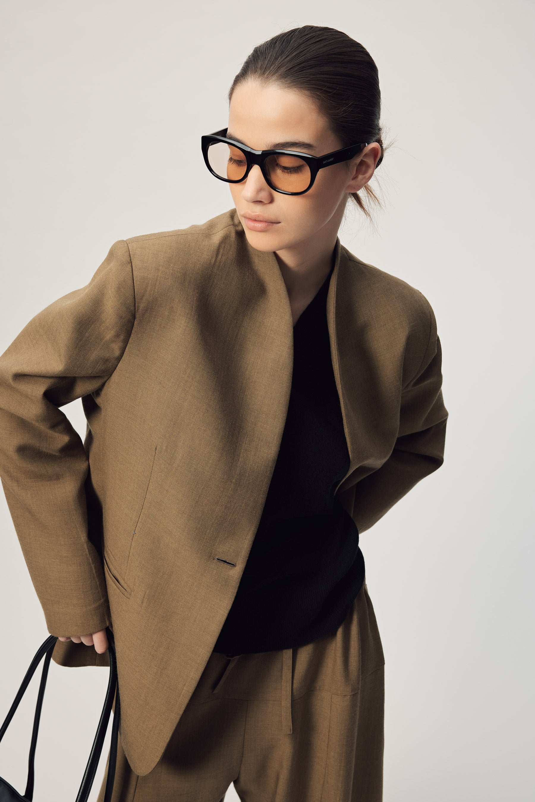 ジャケット・アウター high neck diagonal zip wool jacket Gregory Palma Jacket AW26 Olive Melange Wool Tencel | Elegant wool